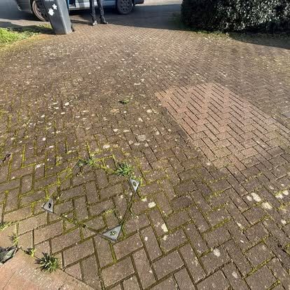 Block-paved driveway before cleaning, darkened and moss-filled joints