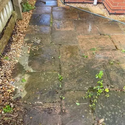 Patio beside double doors before cleaning, slabs dark with organic growth