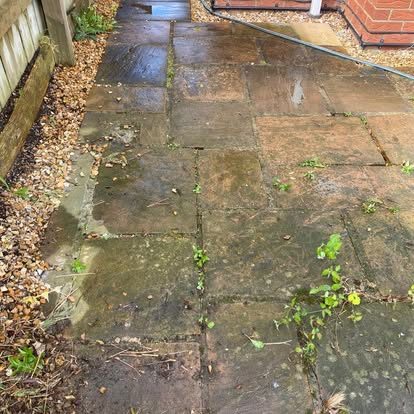 Patio beside double doors before cleaning, slabs dark with organic growth